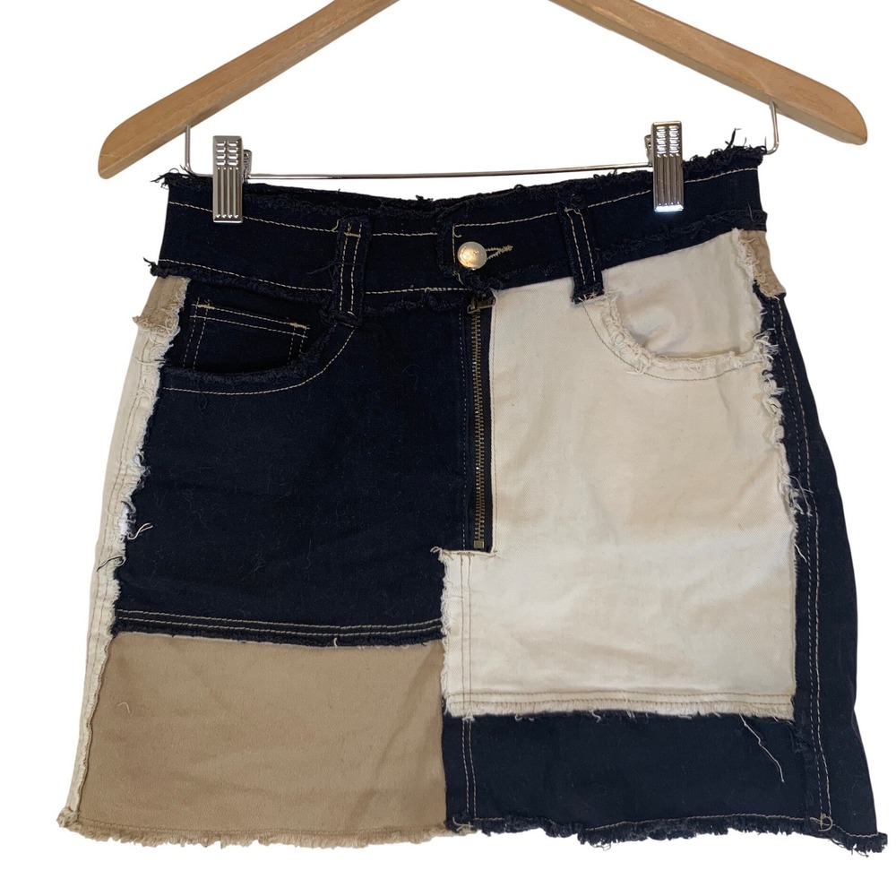 Y2k Patchwork Denim Mini Skirt S Cotton Blend Streetwear Grunge indie boho rodeo